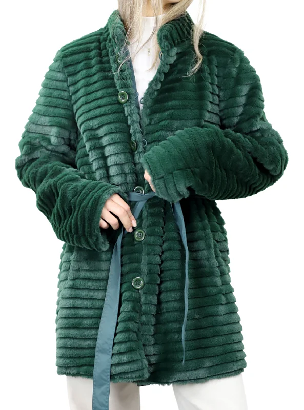 Reversible Faux Coat with Waist Best Detail - Green Open-Knit Duster Coat