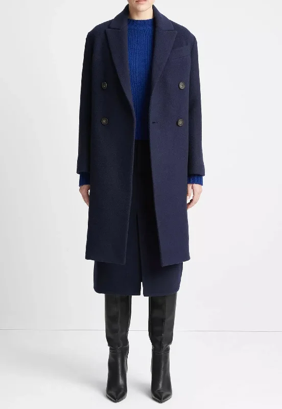 Brushed Wool Double Breasted Coat - Deep Caspian Elegant Cape Blazer