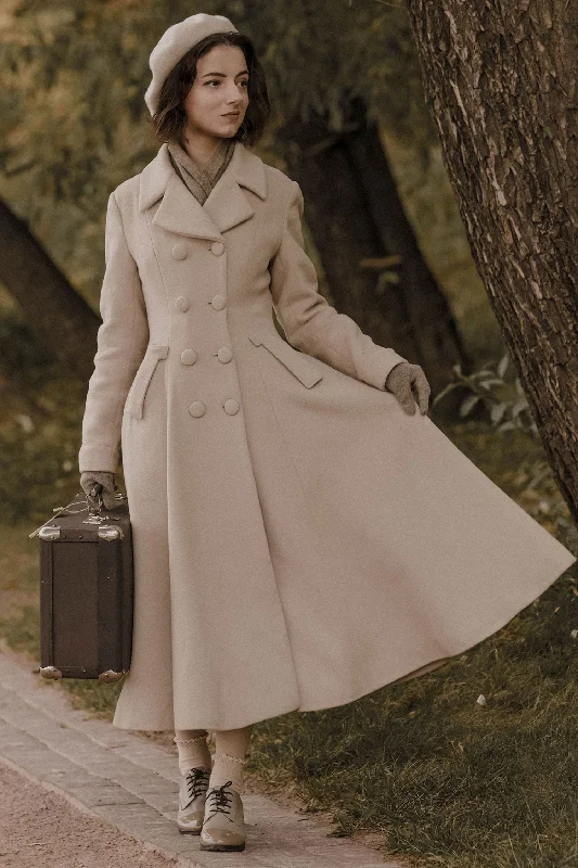 Vintage inspired Beige Long wool coat 3228 Fleece Lined Windbreaker