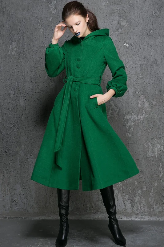 Maxi swing wool coat in Green 1347# Button-Up Cardigan Coat