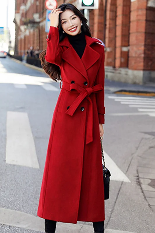 Winter warm long red wool coat  3190 Belted Midi-Length Coat