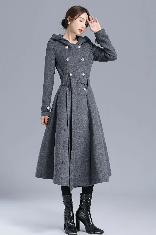 Women Military Winter Wool Coat with Hood 3213 Casual Open-Front Coat