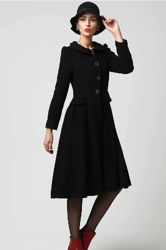 Womens Long Black Wool Coat with Ruffled Collar 1125# Hooded Raincoat Women