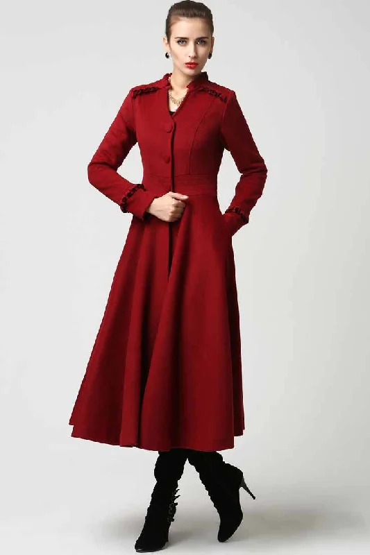 Womens Long Red Wool Blend Coat with Ruffle Detailing 1104# Elegant Satin Bolero