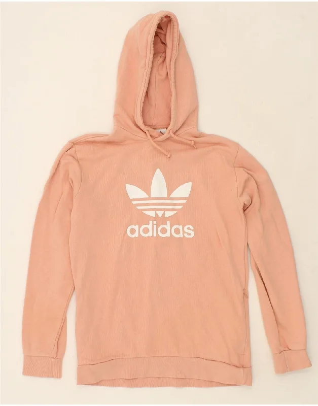 ADIDAS Womens Oversized Graphic Hoodie Jumper UK 10 Small Orange Cotton Zip Hoodie Drawstring Kangaroo Pocket