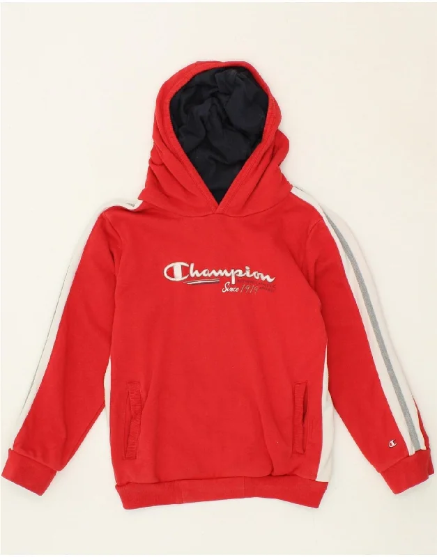 CHAMPION Boys Graphic Hoodie Jumper 7-8 Years Small Red Colourblock Cotton Hoodie with Bell Sleeves Flared Feminine CHAMPION Boys Graphic Hoodie Jumper 7-8 Years Small Red Colourblock Cotton Hoodie with Bell Sleeves Flared Feminine