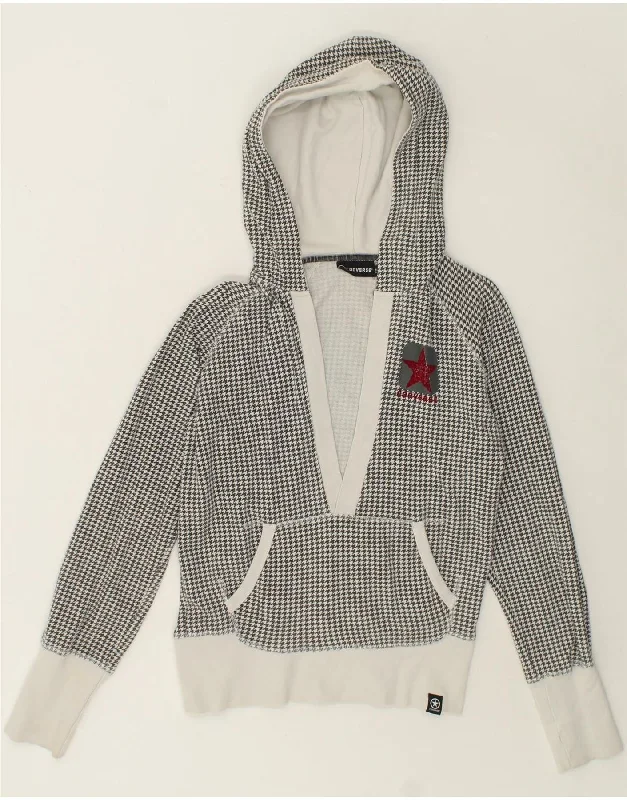 CONVERSE Womens Crop Hoodie Jumper UK 14 Large Grey Houndstooth Cotton Hoodie with Print Artistic Unique CONVERSE Womens Crop Hoodie Jumper UK 14 Large Grey Houndstooth Cotton Hoodie with Print Artistic Unique
