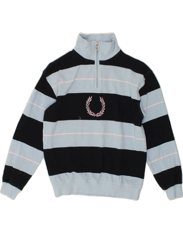 FRED PERRY Womens Graphic Zip Neck Sweatshirt Jumper UK 14 Medium Blue Hoodie with Hem Patch Decorative Personalized FRED PERRY Womens Graphic Zip Neck Sweatshirt Jumper UK 14 Medium Blue Hoodie with Hem Patch Decorative Personalized