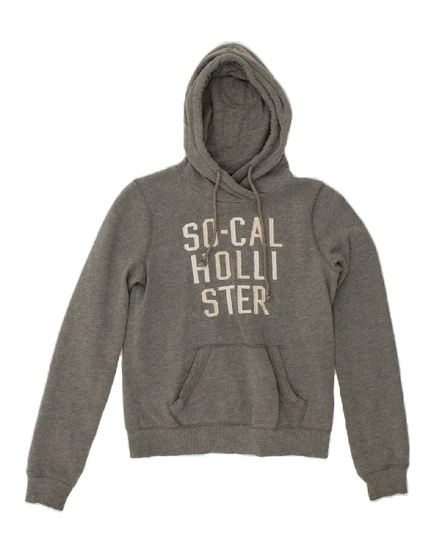 HOLLISTER Womens Graphic Hoodie Jumper UK 6 XS Grey Cotton Hooded Sweatshirt Casual Wear Street Style