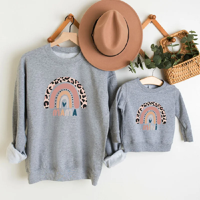Leopard Rainbow Mama & Mini Leopard Heather Grey Sweatshirts Hoodie with Rolled Sleeves Casual Relaxed Leopard Rainbow Mama & Mini Leopard Heather Grey Sweatshirts Hoodie with Rolled Sleeves Casual Relaxed
