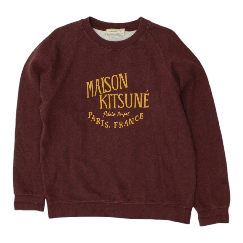 Maison Kitsune Mens Burgundy Spell Out Logo Sweatshirt | Vintage Designer Jumper Hoodie with Monochrome Minimalist Simple