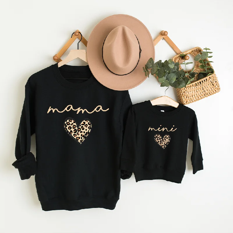 Mama & Mini Leopard Logo Heart Matching Black Sweatshirts Hoodie with Embroidery Detailed Premium Mama & Mini Leopard Logo Heart Matching Black Sweatshirts Hoodie with Embroidery Detailed Premium