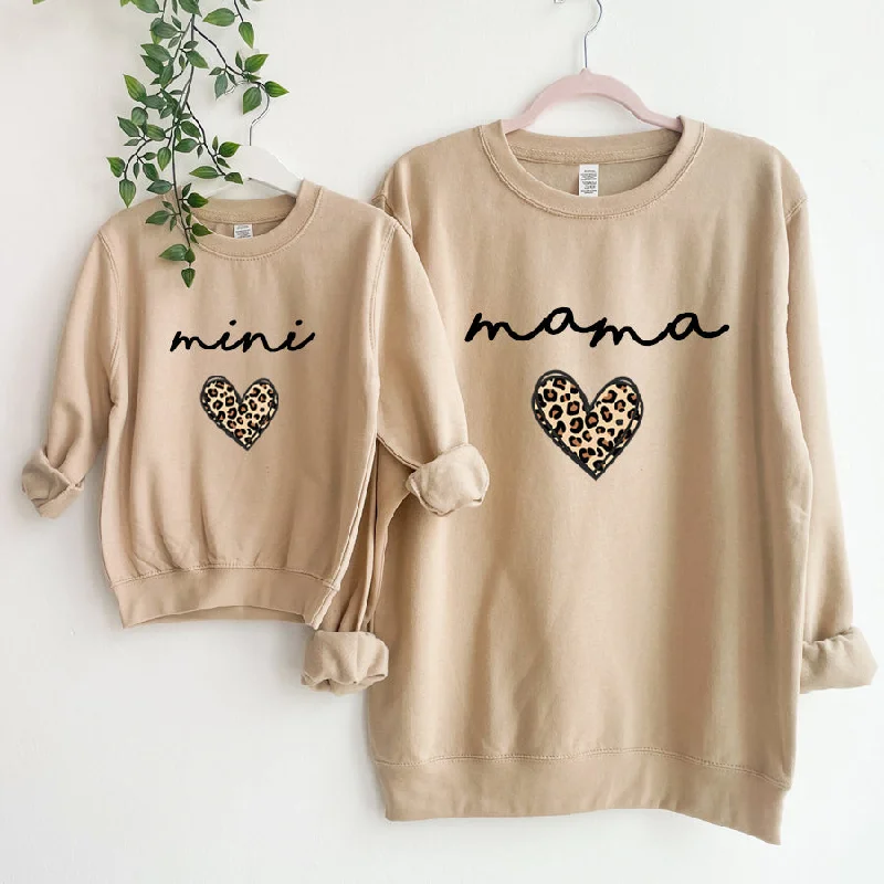 Mama & Mini Leopard Logo Heart Matching Sweatshirts Sand Hoodie with Ribbed Hem Stretchable Secure Mama & Mini Leopard Logo Heart Matching Sweatshirts Sand Hoodie with Ribbed Hem Stretchable Secure
