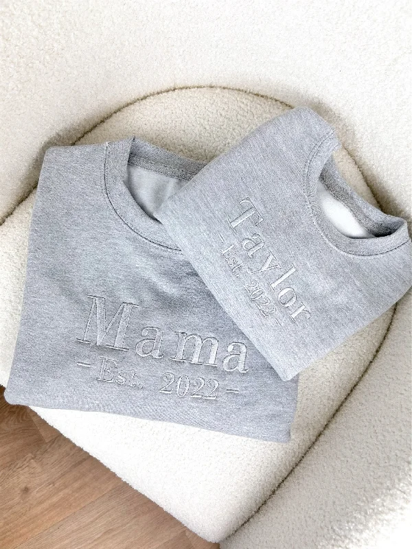 Mama & Mini Personalised Embroidered Grey Sweatshirts Hoodie with Front Slit Layering Stylish Mama & Mini Personalised Embroidered Grey Sweatshirts Hoodie with Front Slit Layering Stylish