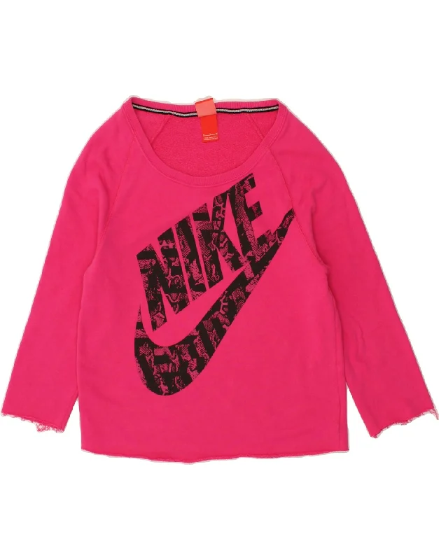 NIKE Womens Graphic Sweatshirt Jumper UK 14 Medium Pink Hoodie with Slit Hem Functional Movement NIKE Womens Graphic Sweatshirt Jumper UK 14 Medium Pink Hoodie with Slit Hem Functional Movement
