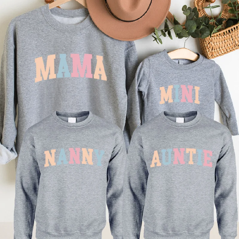 Pastel Mama/Nanny/Auntie & Mini Matching Grey Sweatshirts Hoodie with V-Neck Classic Versatile Pastel Mama/Nanny/Auntie & Mini Matching Grey Sweatshirts Hoodie with V-Neck Classic Versatile