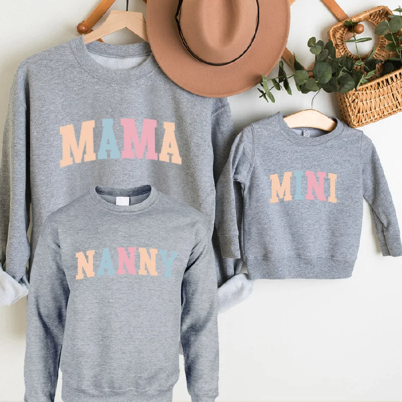 Pastel Mama, Nanny & Mini College Matching Grey Sweatshirts Hoodie with Ribbed Neckline Snug Warm