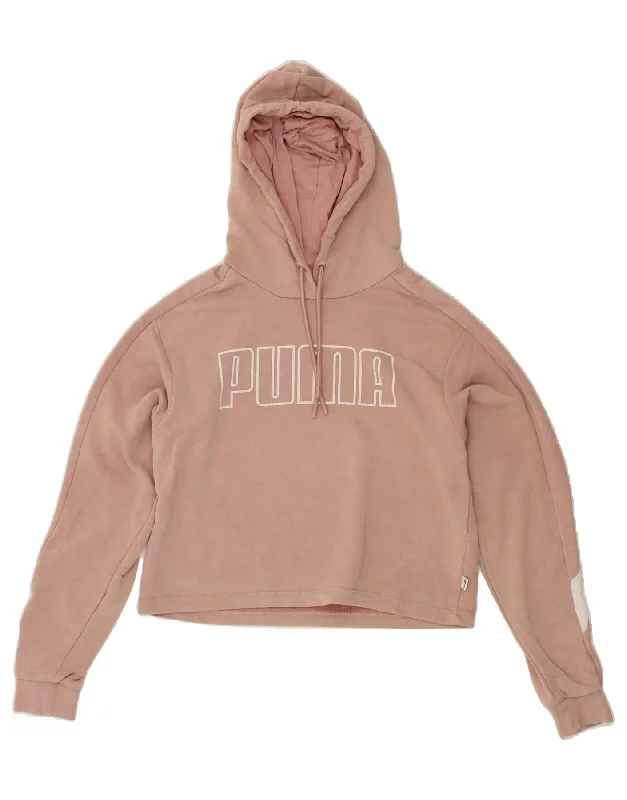 PUMA Womens Oversized Crop Graphic Hoodie Jumper UK 6 XS Pink Colourblock Hoodie with Hem Patch Decorative Personalized PUMA Womens Oversized Crop Graphic Hoodie Jumper UK 6 XS Pink Colourblock Hoodie with Hem Patch Decorative Personalized