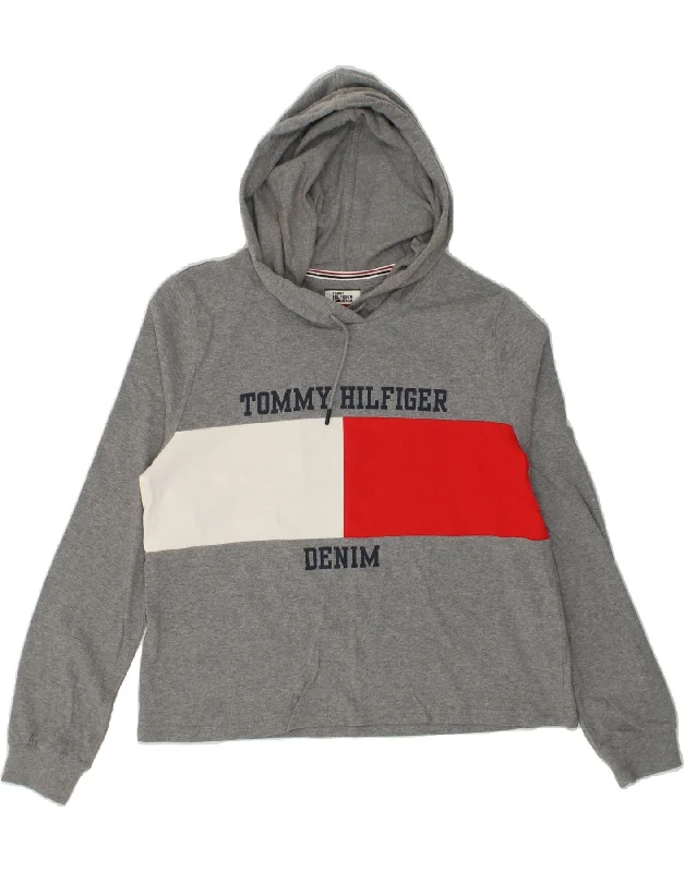 TOMMY HILFIGER Womens Graphic Hoodie Jumper UK 14 Medium Grey Colourblock Hoodie with Elastic Cuffs Stretchable Comfortable TOMMY HILFIGER Womens Graphic Hoodie Jumper UK 14 Medium Grey Colourblock Hoodie with Elastic Cuffs Stretchable Comfortable