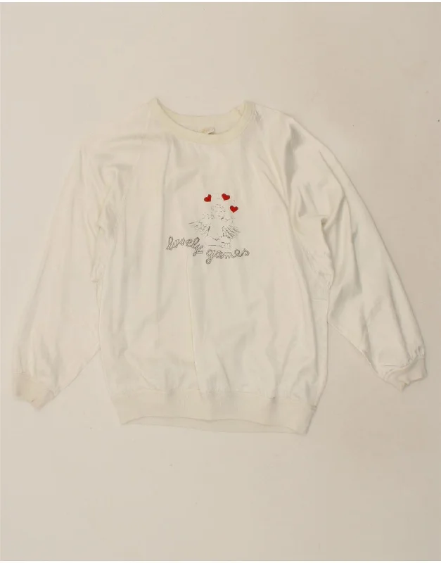 VINTAGE Womens Graphic Sweatshirt Jumper EU 32 Medium White Viscose Hoodie with Hem Embroidery Detailed Premium VINTAGE Womens Graphic Sweatshirt Jumper EU 32 Medium White Viscose Hoodie with Hem Embroidery Detailed Premium