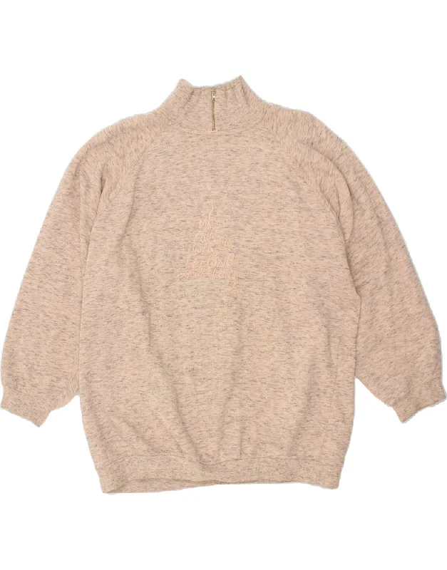 VINTAGE Womens Zip Neck Sweatshirt Jumper UK 20 2XL Beige Flecked Cotton Hoodie with Hem Drawcord Adjustable Customizable VINTAGE Womens Zip Neck Sweatshirt Jumper UK 20 2XL Beige Flecked Cotton Hoodie with Hem Drawcord Adjustable Customizable