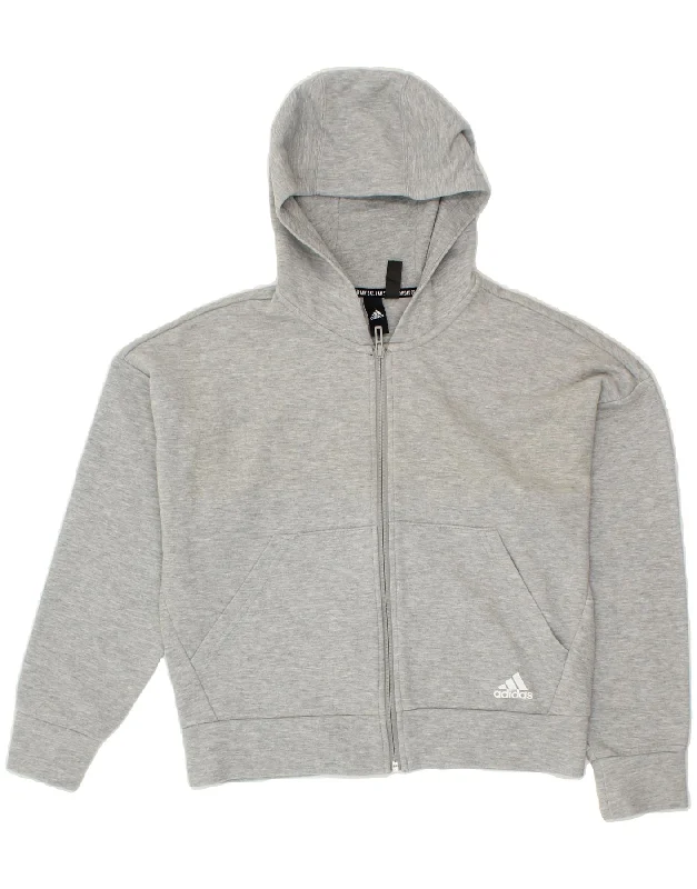 ADIDAS Girls Zip Hoodie Sweater 13-14 Years Grey Cotton Stretchy Elastic Breathable