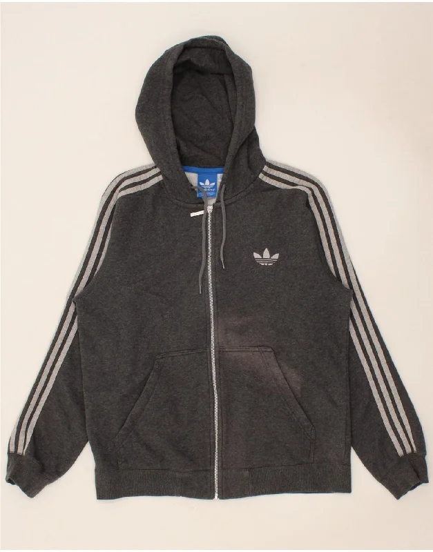 ADIDAS Mens Zip Hoodie Sweater Large Grey Cotton Ribbed Striped Patterned