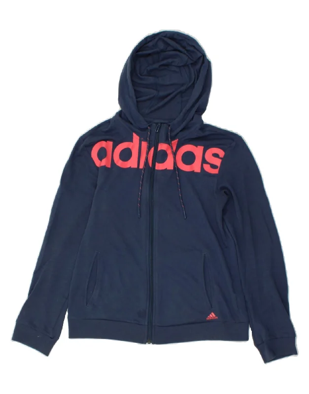 ADIDAS Womens Graphic Zip Hoodie Sweater UK 8/10 Small Navy Blue Cotton Front Pockets Side Pockets Patch Pockets ADIDAS Womens Graphic Zip Hoodie Sweater UK 8/10 Small Navy Blue Cotton Front Pockets Side Pockets Patch Pockets