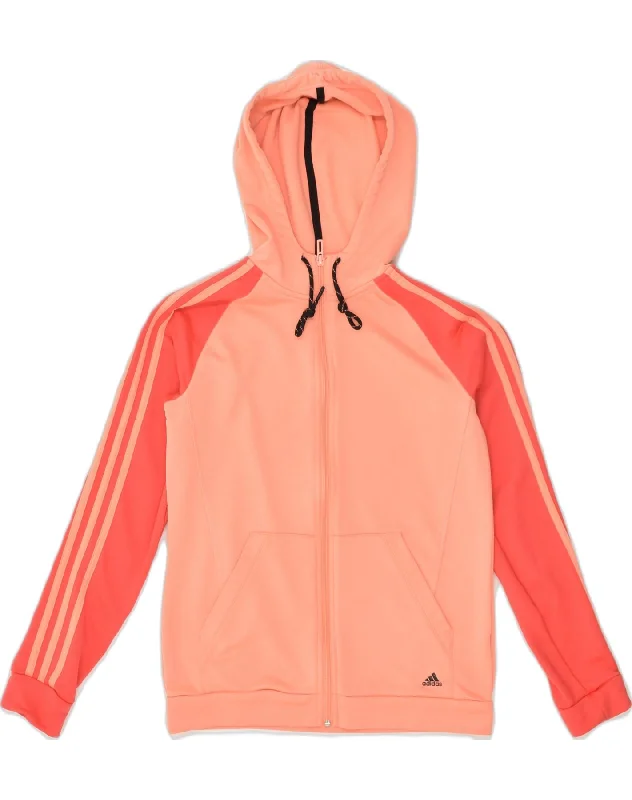 ADIDAS Womens Zip Hoodie Sweater UK 14 Medium Orange Colourblock Polyester Solid Print Embellished