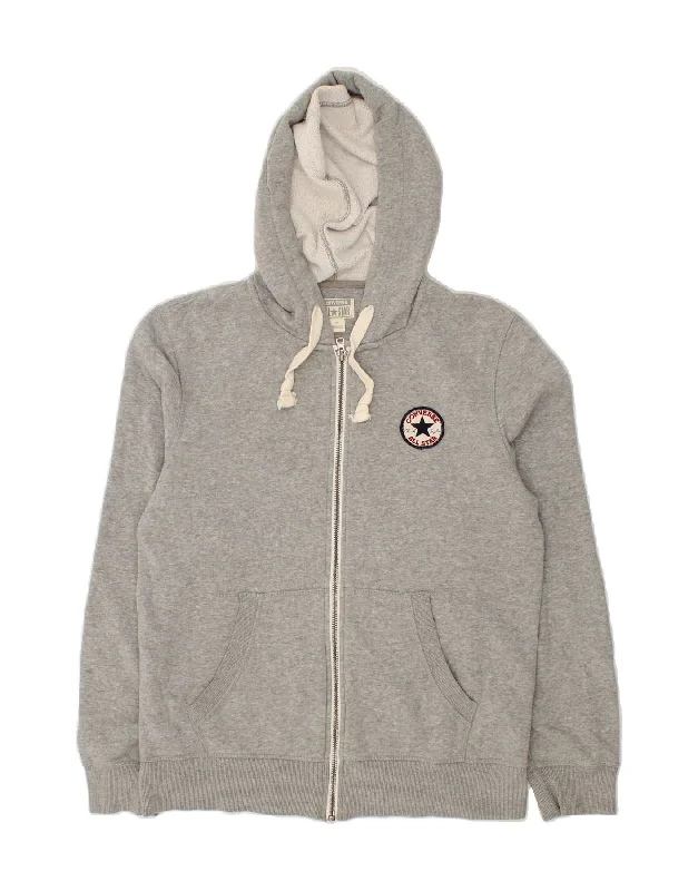 CONVERSE Mens Zip Hoodie Sweater Large Grey Cotton Houndstooth Herringbone Solid