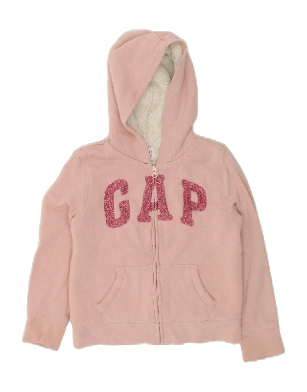 GAP Girls Graphic Zip Hoodie Sweater 7-8 Years Pink Polyester Bright Pastel Dark