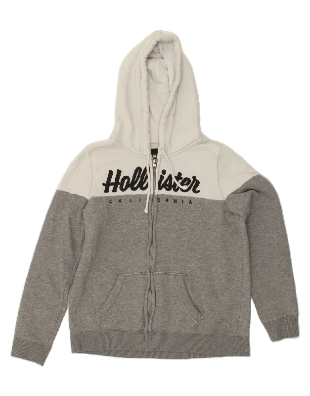 HOLLISTER Mens Graphic Zip Hoodie Sweater Large Grey Colourblock Cotton Thin Thick Dense