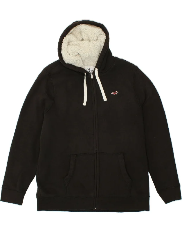 HOLLISTER Mens Zip Hoodie Sweater 2XL Black Cotton Fitted Loose Oversized
