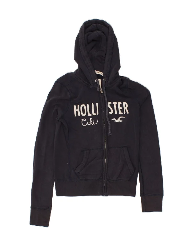 HOLLISTER Womens Crop Graphic Zip Hoodie Sweater UK 10 Small Navy Blue Lightweight Heavyweight Midweight HOLLISTER Womens Crop Graphic Zip Hoodie Sweater UK 10 Small Navy Blue Lightweight Heavyweight Midweight