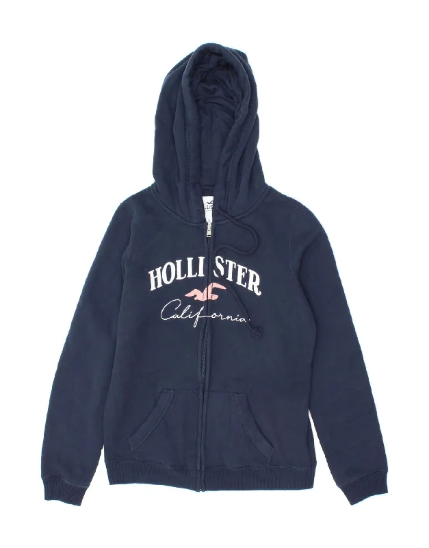 HOLLISTER Womens Graphic Zip Hoodie Sweater UK 10 Small Navy Blue Cotton Hooded Sweater Collared Sweater Shawl Collar HOLLISTER Womens Graphic Zip Hoodie Sweater UK 10 Small Navy Blue Cotton Hooded Sweater Collared Sweater Shawl Collar