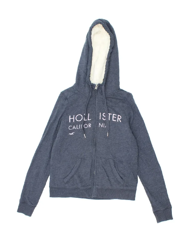 HOLLISTER Womens Graphic Zip Hoodie Sweater UK 10 Small Navy Blue Flecked Cable Knit Ribbed Knit Lace Knit HOLLISTER Womens Graphic Zip Hoodie Sweater UK 10 Small Navy Blue Flecked Cable Knit Ribbed Knit Lace Knit