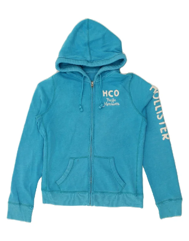 HOLLISTER Womens Graphic Zip Hoodie Sweater UK 14 Large Blue Cotton Welt Pockets Slit Pockets Flap Pockets HOLLISTER Womens Graphic Zip Hoodie Sweater UK 14 Large Blue Cotton Welt Pockets Slit Pockets Flap Pockets