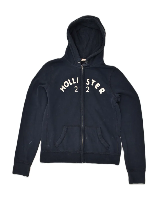 HOLLISTER Womens Graphic Zip Hoodie Sweater UK 14 Large Navy Blue Cotton Thin Thick Dense HOLLISTER Womens Graphic Zip Hoodie Sweater UK 14 Large Navy Blue Cotton Thin Thick Dense