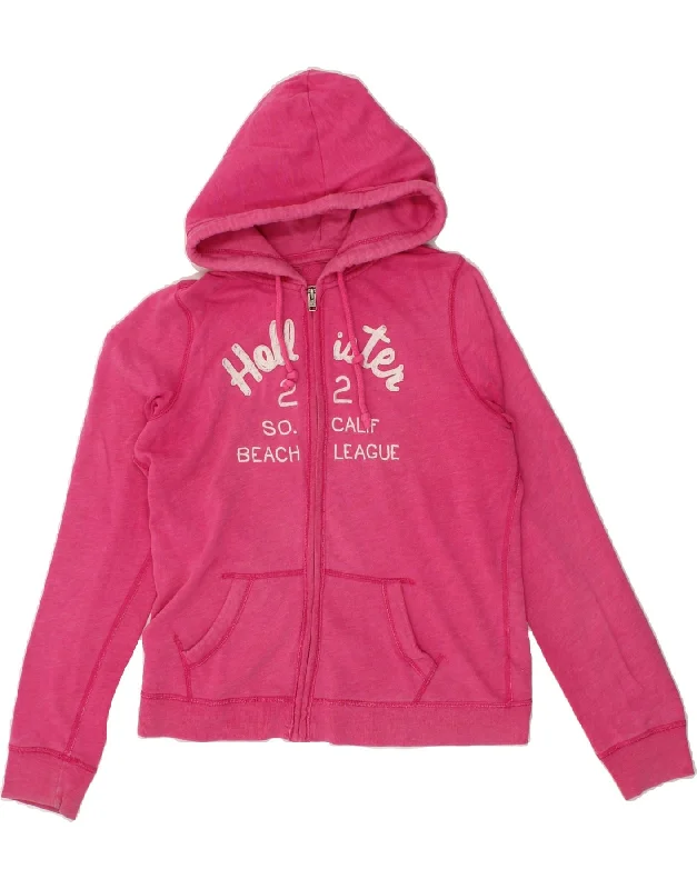 HOLLISTER Womens Graphic Zip Hoodie Sweater UK 14 Large Pink Cotton Knit Fabric Woven Fabric Fleece Fabric HOLLISTER Womens Graphic Zip Hoodie Sweater UK 14 Large Pink Cotton Knit Fabric Woven Fabric Fleece Fabric