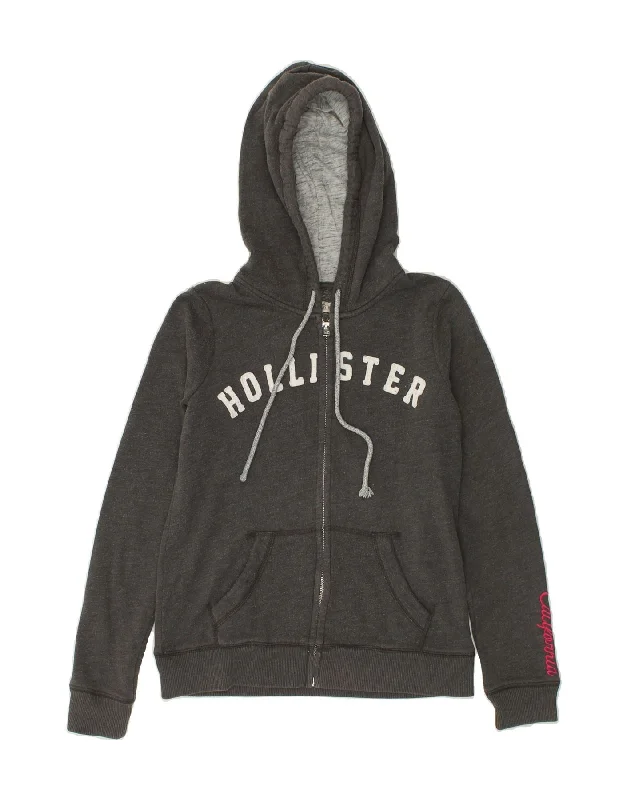 HOLLISTER Womens Graphic Zip Hoodie Sweater UK 14 Medium Grey Cotton Handmade Hand-knitted Hand-woven HOLLISTER Womens Graphic Zip Hoodie Sweater UK 14 Medium Grey Cotton Handmade Hand-knitted Hand-woven