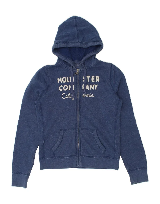 HOLLISTER Womens Graphic Zip Hoodie Sweater UK 16 Large Blue Cotton Rayon Fabric Velvet Fabric Corduroy Fabric