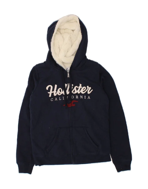 HOLLISTER Womens Graphic Zip Hoodie Sweater UK 6 XS Navy Blue Cotton Ribbed Striped Patterned HOLLISTER Womens Graphic Zip Hoodie Sweater UK 6 XS Navy Blue Cotton Ribbed Striped Patterned