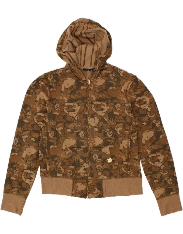 HURLEY Womens Zip Hoodie Sweater UK 16 Large Brown Floral Cotton Chenille Blend Fleece Blend Nylon Blend HURLEY Womens Zip Hoodie Sweater UK 16 Large Brown Floral Cotton Chenille Blend Fleece Blend Nylon Blend