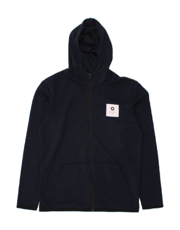 JACK & JONES Mens Zip Hoodie Sweater Small Navy Blue Polyester Striped Floral Plaid