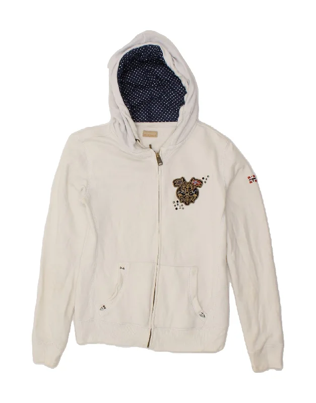NAPAPIJRI Womens Graphic Zip Hoodie Sweater UK 10 Small White Cotton Machine Wash Dry Clean Hand Wash NAPAPIJRI Womens Graphic Zip Hoodie Sweater UK 10 Small White Cotton Machine Wash Dry Clean Hand Wash