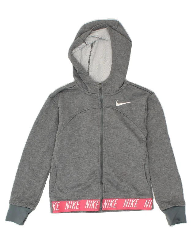 NIKE Girls Dri Fit Graphic Zip Hoodie Sweater 10-11 Years Medium Grey Mesh Fabric Canvas Fabric Denim Fabric NIKE Girls Dri Fit Graphic Zip Hoodie Sweater 10-11 Years Medium Grey Mesh Fabric Canvas Fabric Denim Fabric
