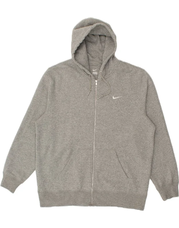 NIKE Mens Zip Hoodie Sweater 2XL Grey Cotton Graphic Sweater Embroidered Appliqued
