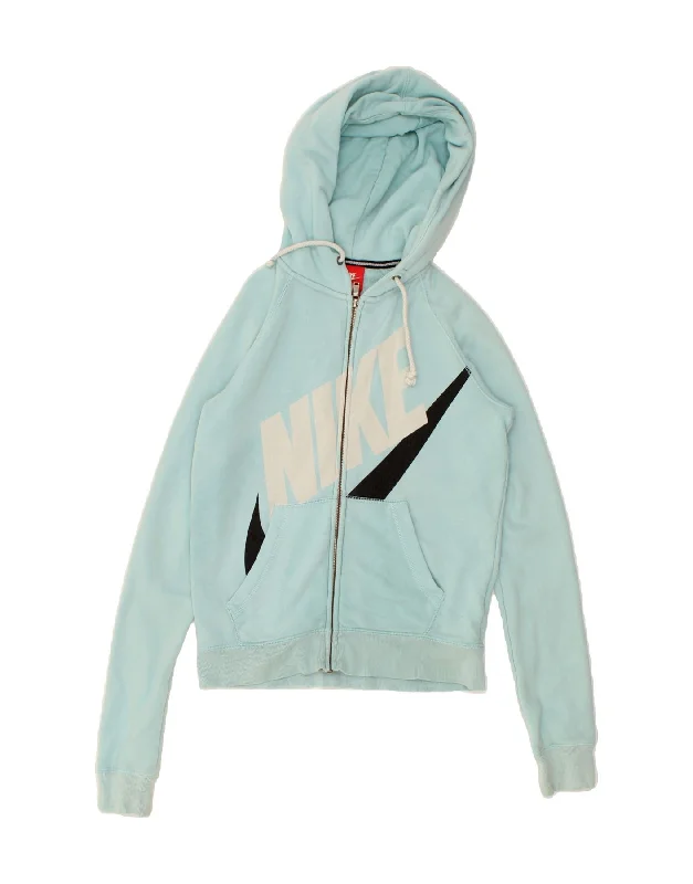 NIKE Womens Graphic Zip Hoodie Sweater UK 6 XS Blue Cotton Fleece Fabric Down Fabric Feather Fabric NIKE Womens Graphic Zip Hoodie Sweater UK 6 XS Blue Cotton Fleece Fabric Down Fabric Feather Fabric