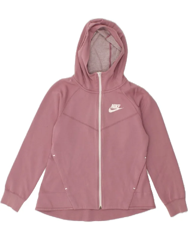 NIKE Womens Zip Hoodie Sweater UK 14 Medium Pink Fitted Slim Tailored