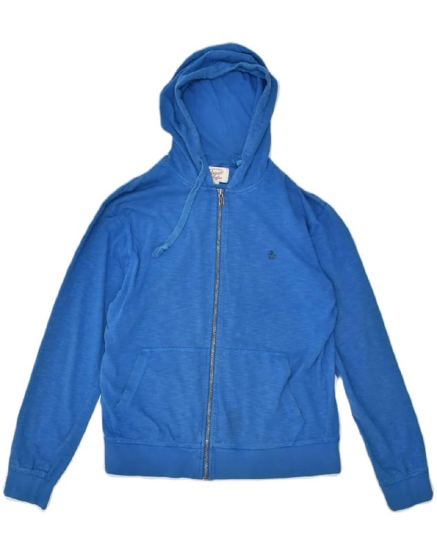 PENGUIN Mens Zip Hoodie Sweater Large Blue Cotton Neon Metallic Matte